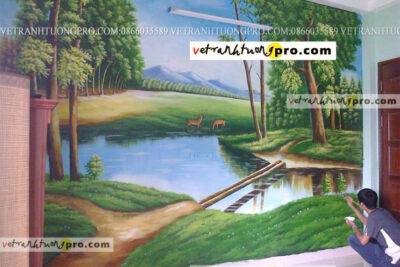 Vẽ tranh tường 3d phong cảnh tại nhà chị Hoà - khu bt liền kề Mậu Lương - Kiến Hưng - Hà Đông