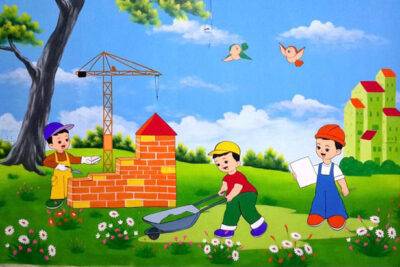 Vẽ tranh tường mầm non chủ để góc xây dựng