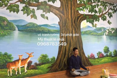 Vẽ cây khung cảnh Bồ Đề sau tượng phật tại tịnh xá Phủ Lý – Hà Nam