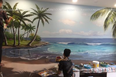 Vẽ tranh tường 3d phòng khách phong cảnh biển tại Eco-Green City Nguyễn Xiển – Tân Triều – Thanh Trì – Hà Nội
