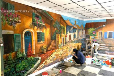 vẽ tranh tường 3d phố tây cho quán cafe tại vĩnh hưng hoàng mai hà nội