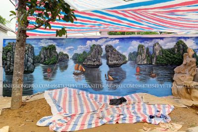 tranh đắp xi măng giả đồng tại nhà hàng 13 mai hắc Đế hà nội